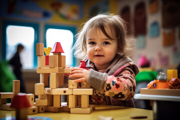 a child playing with blocks in a Daycare Center. Generative AI