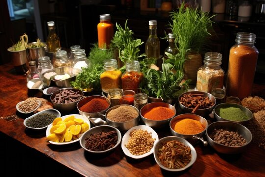a neatly arranged mise en place with spices and herbs