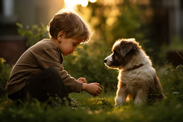 Naklejka na ściany i meble A child playing with their dog in the yard. Generative AI