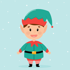 Christmas elf in a green suit on a blue background