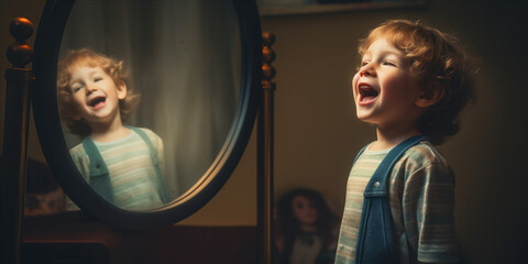 A child singing Happy Birthday to himself in the mirror.  