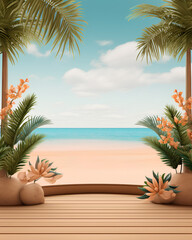 3D rendering summer product display podium with sea and sky blue background