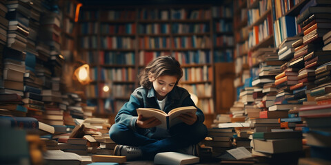 A child among the librarys shelves.   - obrazy, fototapety, plakaty
