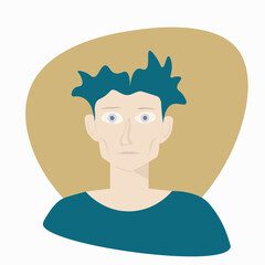 flat male character with big eyes and blue hair, young person with an expression of fear, sadness or exhaustion