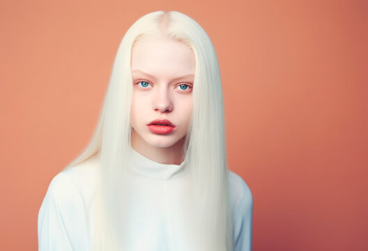 Portrait of a beautiful albino girl with long hair on a plain background