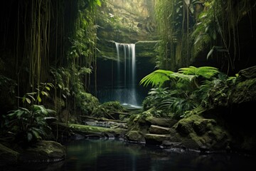 a natural rainforest waterfall surrounded by protected greenery