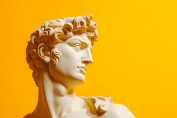 Male classical sculpture on yellow background, modern