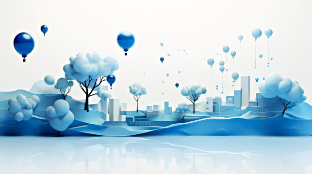 A group of blue balloons flying over a city. Digital monochromatic blue image.
