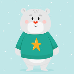 White teddy bear in a Christmas sweater on a blue background