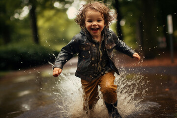 Fototapeta na wymiar A child runs through the puddles after a downpour. Generative AI