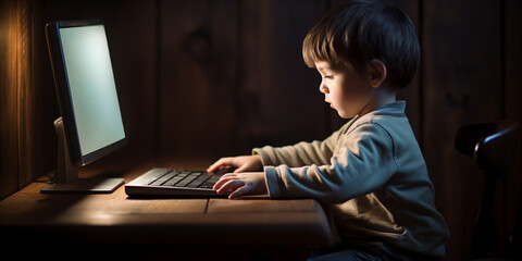A child sitting at a computer and doing homework. Generative AI