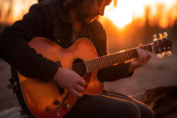 Obraz premium A man playing guitar by a campfire, semi-silhouette, with the sunset's warm light merging with the fire's glow. Generative AI