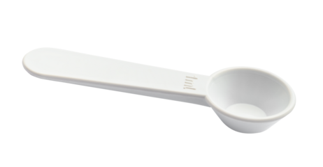 white plastic measuring spoon for 1 ml of volume cutout on white background