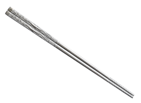 pair of Korean stainless steel flat chopsticks cutout on white background