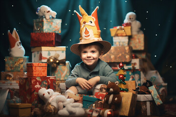 A child wearing a birthday hat is sitting in a pile of presents. 