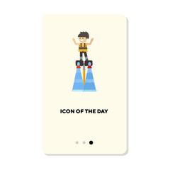 Man flying on flyboard flat icon. Vertical sign or vector illustration of person testing technological device. Innovation, technology, entertainment, sports concept for web design and apps