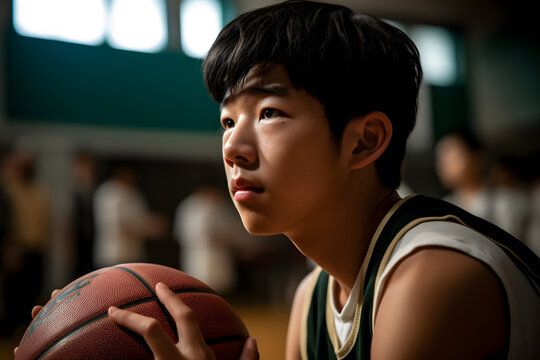 A Teenage Boy Of East Asian Descent Participating In A Basketball Tournament, Displaying Skill, Teamwork, And Sportsmanship On The Court. Generative AI