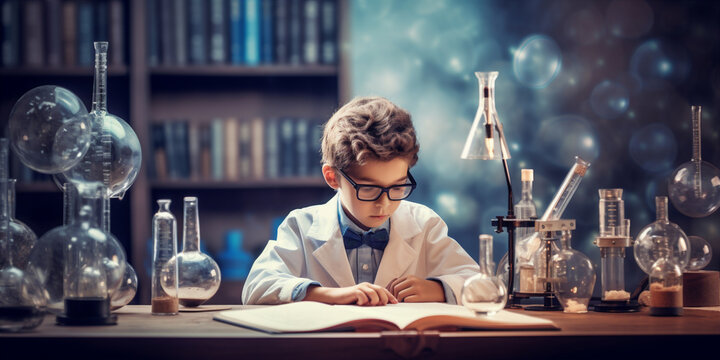 A child working on a science project at their desk,  