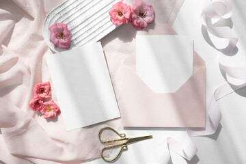 5x7 cards mockup with envelope and pink flowers 