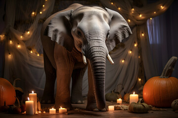Fototapeta na wymiar Spooky portrait of an elephant in a Halloween setup in studio, dramatic lighting. Created with generative AI