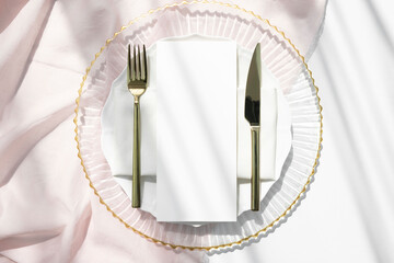 4x9 menu card mockup on plate with golden cutlery 