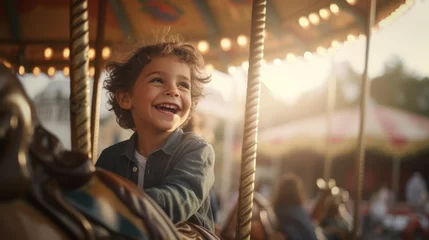 Fototapeten Joyful boy rides a carousel. Beautiful illustration picture. Generative AI © standret