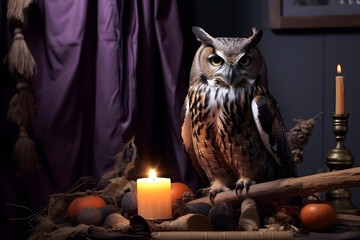 Spooky portrait of an owl in a Halloween setup in studio, dramatic lighting. Created with generative AI