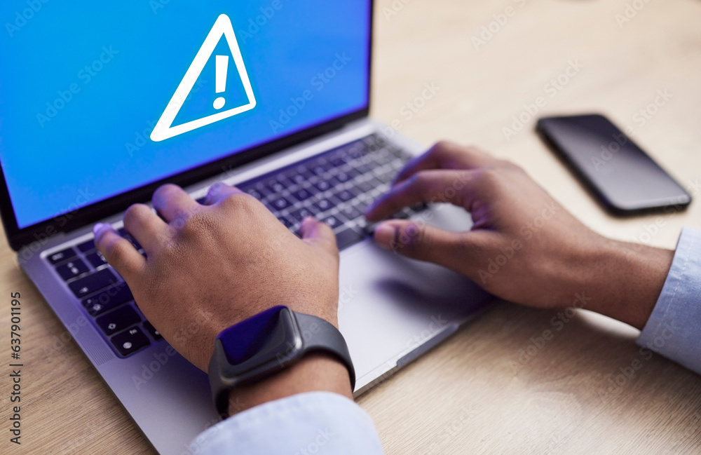 Leinwandbilder Virus, laptop error and business man hands with system crash and malware in a office. Cyber security, password problem and ransomware from spam with computer glitch at a workplace with tech trouble