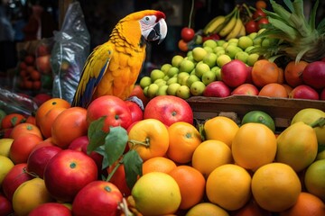 a parrot picking at a fruit from an open market stall