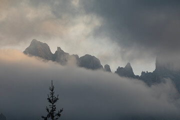 Foggy Peaks in the Italian Dolomites Mountains, Bolzano Italy