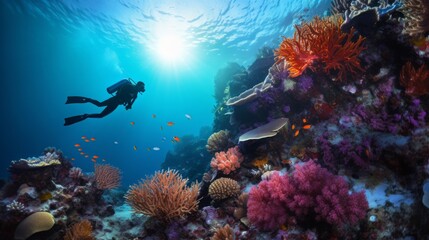Naklejka na ściany i meble Marine biologist with gear is exploring underwater world. Beautiful illustration picture. Generative AI