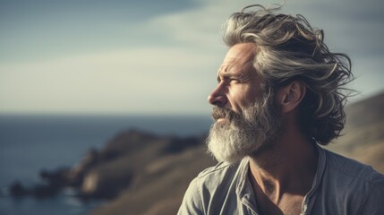 Fototapeta premium Mature man is near the sea. Beautiful illustration picture. Generative AI