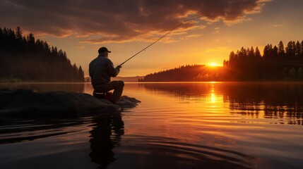 Man is fishing at evening. Beautiful illustration picture. Generative AI