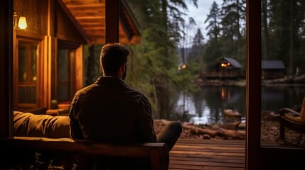 Man is sitting and enjoys solitude in a cozy cabin. Beautiful illustration picture. Generative AI