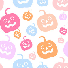 Vector Seamless pattern of cheerful multi-colored Jack pumpkins scattered on a light background. Pastel and delicate shades, this is a cute and kind background for Halloween.