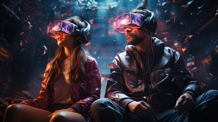 a couple are using vr glasses, in the style of cosmic symbolism, ai generated