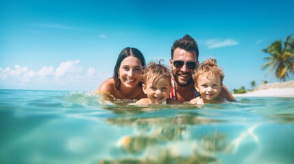 Fototapeta na wymiar Cute lovely family is relaxing on sea. Beautiful illustration picture. Generative AI
