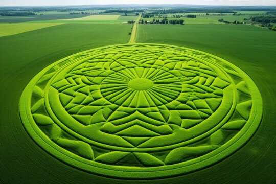 an aerial view of crop circles in a green wheat field