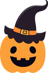 Cute cartoon pumpkin wearing witch hat with smiling face for Halloween holiday celebration.