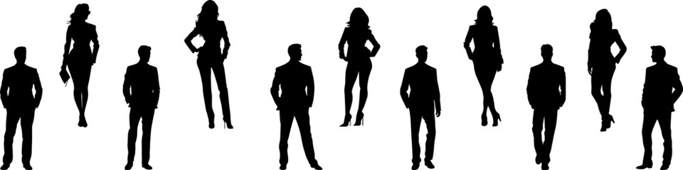 Set of businessmen vector silhouettes, group of men and women in formal dress