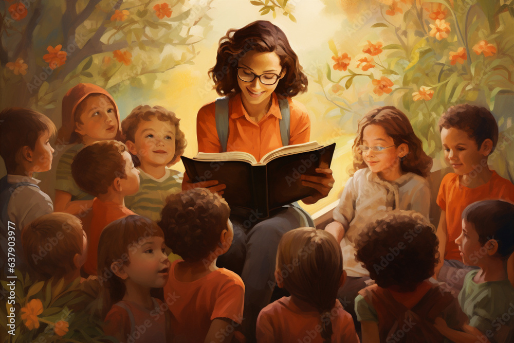 Wall mural A loving and nurturing caregiver reading a story to children. 