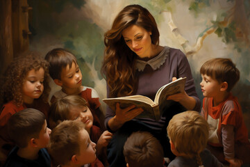 Obraz premium A loving and nurturing caregiver reading a story to children. 