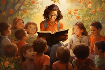 A loving and nurturing caregiver reading a story to children.  - obrazy, fototapety, plakaty