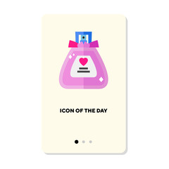Perfume sprayer bottle with pink liquid flat icon. Vertical sign or vector illustration of cologne bottle, fragrance. Glamour, cosmetics, odor, perfumery concept for web design and apps