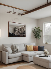The living space is made cozy with a sectional sofa, and a horizontal poster frame above it complements the room's inviting atmosphere. Ai Generated