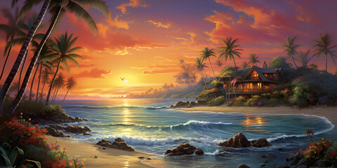 Fototapeta na wymiar sunset on the beach, Sunset's Warm Embrace Harbor Lighthouse Beach Coconut Trees, Beautiful sunset on the beach, generative Ai 
