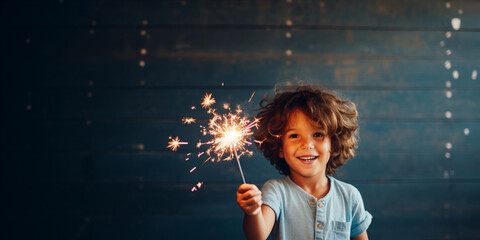 child holding sparkler for birthday party. Generative AI
