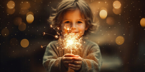 child holding sparkler for birthday party.   - obrazy, fototapety, plakaty