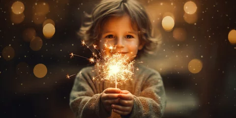 Fotobehang child holding sparkler for birthday party.   © xartproduction