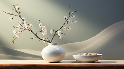 A white vase filled with flowers next to a bowl of nuts. Digital image. Zen still life.